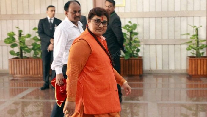 BJP MP Sahdvi Pragya Thakur arrives for the BJP Parliamentary meet in New Delhi on 19 November 2019 | Praveen Jain | ThePrint