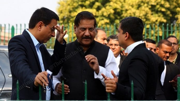 Former CM of Maharashtra and Congress leader Randeep Surjewala in discussion outside Supreme Court on Sunday | Photo: Suraj Singh Bisht | ThePrint