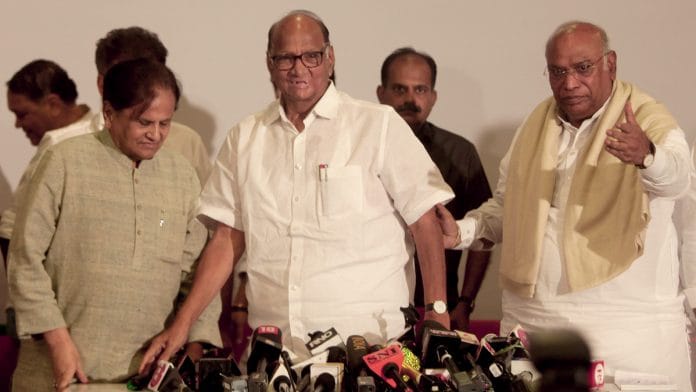NCP chief Sharad Pawar along with senior Congress leaders Ahmad Patel and Mallikarjun Kharge during a joint press conference at YB Chavan center in Mumbai | ANI