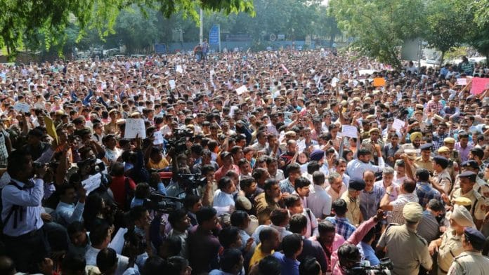 Delhi Police personnel gathered outside the police headquarters at ITO | Suraj Singh Bisht | ThePrint