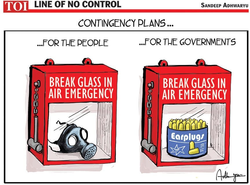 Sandeep Adhwaryu Delhi air quality cartoon