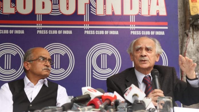 Prashant Bhushan (L) and Arun Shourie at the press conference | Photo: Manisha Mondal | ThePrint