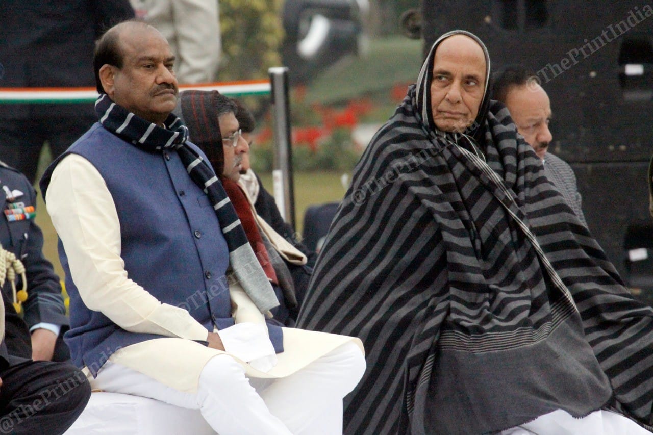 Lok Sabha Speaker Om Birla left) with Defence minister Rajnath Singh | Photo: Praveen Jain | ThePrint