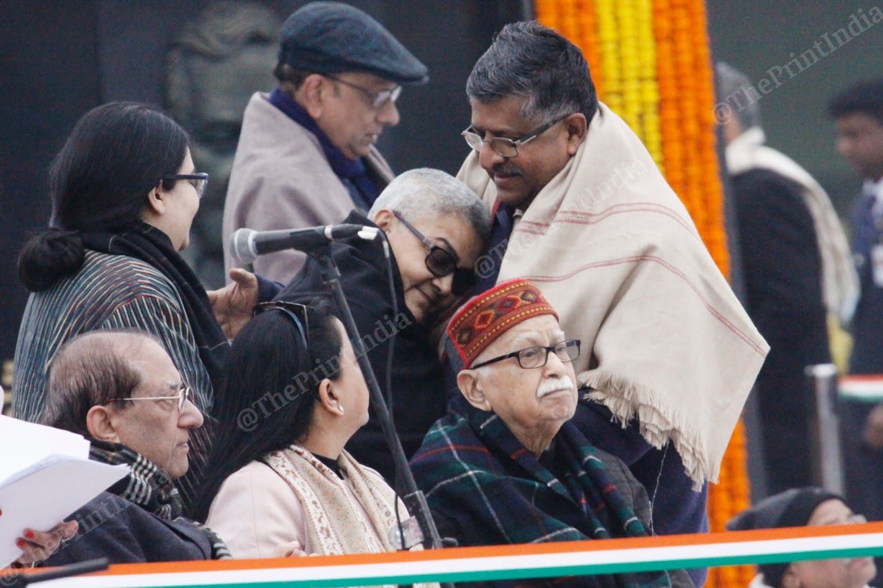 Law Minister Ravi Shankar Prasad hugs Atal Bihari Vajpayee's daughter Namita Bhattacharya | Photo: Praveen Jain | ThePrint 
