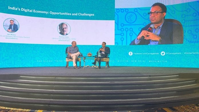 Facebook India MD Ajit Mohan in conversation with ThePrint's Editor-in-Chief Shekhar Gupta at Carnegie India's Global Technology Summit in Bengaluru