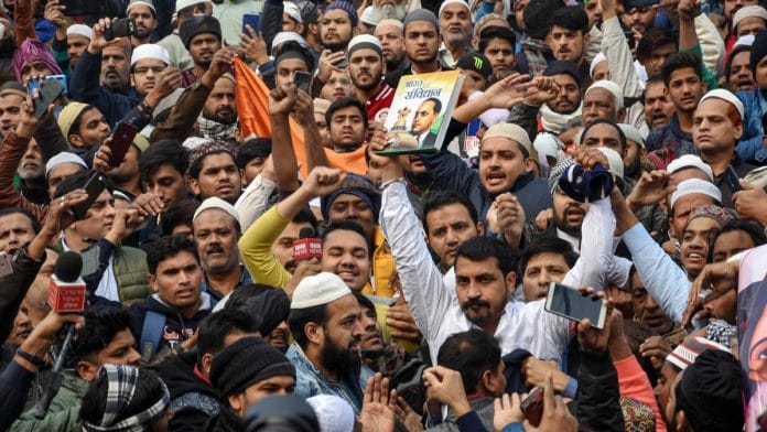 Dalit leader and Bhim Army chief Chandrashekhar Azad and others hold a demonstration against the Citizenship Amendment Act (CAA) at Jama Masjid | PTI Photo