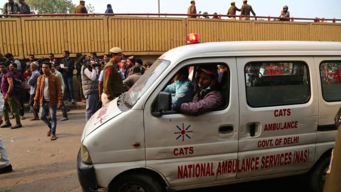 The ambulance outside Anaj Mandi in Delhi where 43 were killed in a massive fire on 8 December, 2019 | Photo: Suraj Singh Bisht | ThePrint