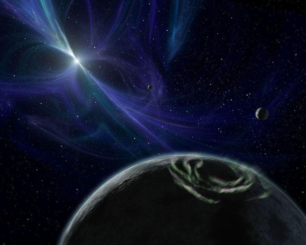 An artist’s impression of the exoplanets around neutron star PSR B1257+12