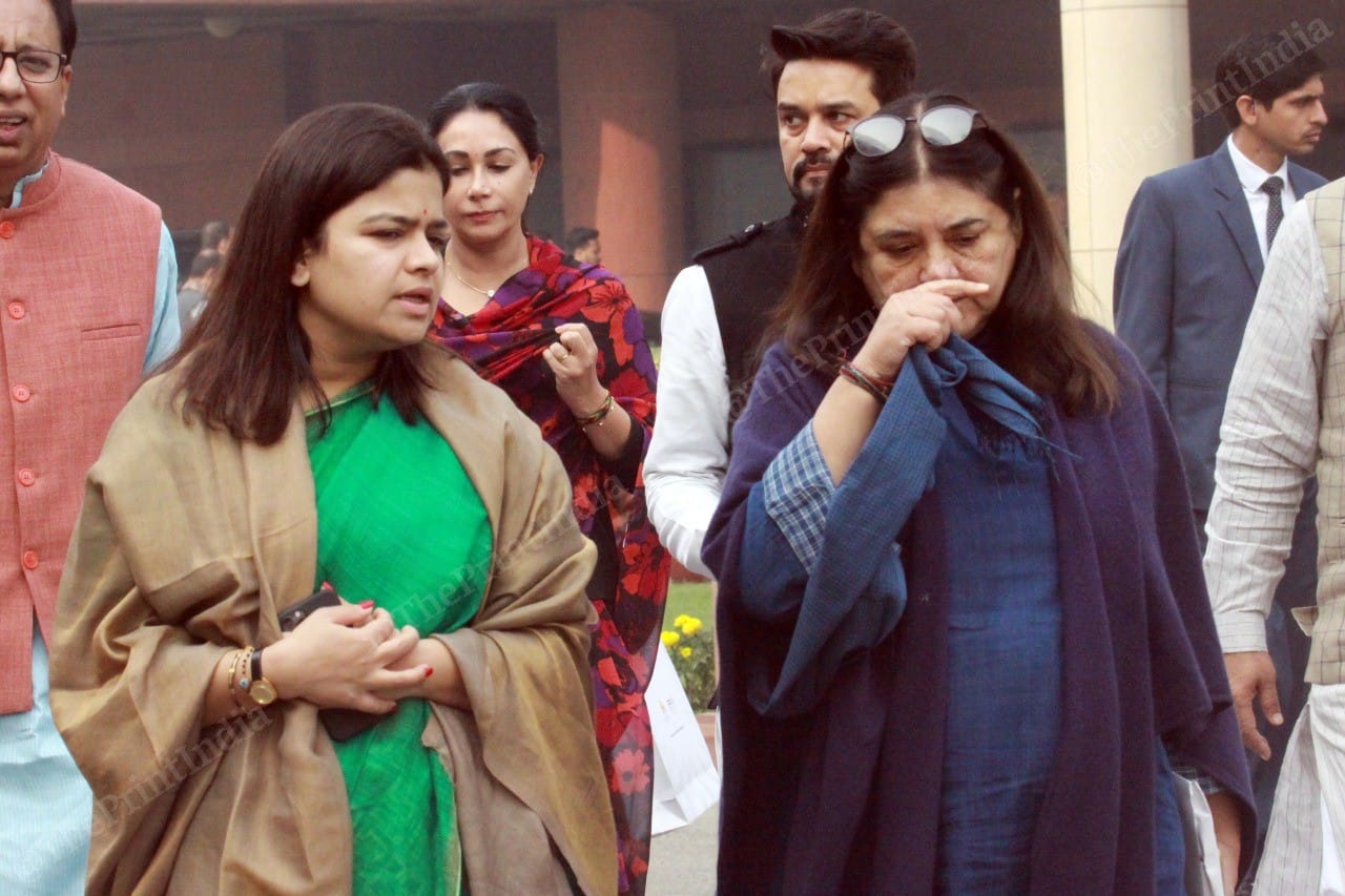 MPs Poonam Mahajan (left) and Maneka Gandhi (right) after the Parliamentary meet | Photo: Praveen Jain | ThePrint 
