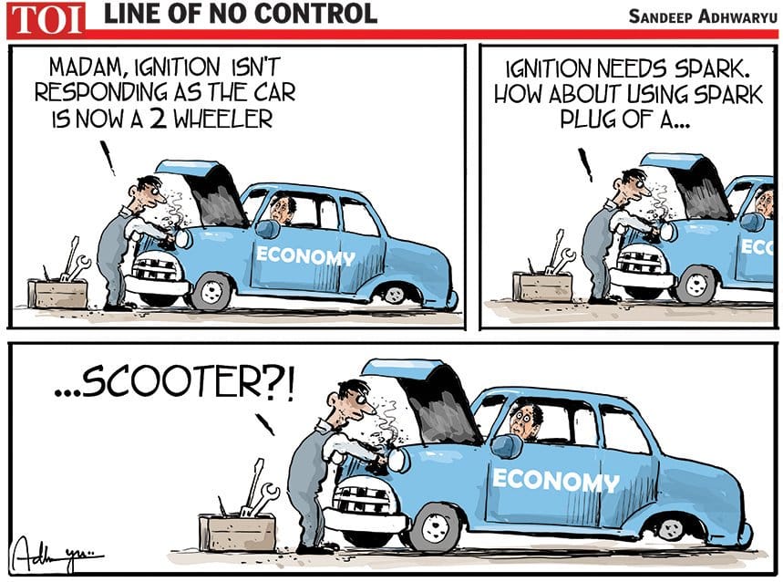 Sandeep Adhwaryu draws a car, representing the economy, that won't start