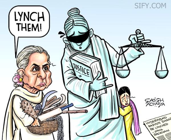 Satish Acharya cartoon on Jaya Bachchan's comments in Lok Sabha about lynching