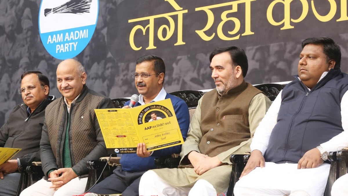 Delhi chief minister Arvind Kejriwal (C) and deputy chief minister Manish Sisodia (second from left) at the presentation of AAP government's report card Tuesday | Photo: Manisha Mondal | ThePrint