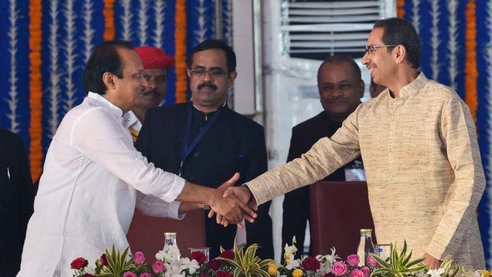 Maharashtra's new deputy CM Ajit Pawar with CM Uddhav Thackeray at Monday's swearing-in ceremony | Photo: Mitesh Bhuvad | PTI