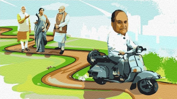 PM Narendra Modi (L), Finance Minister Nirmala Sitharaman and Home Minister Amit Shah in the distance, and industrialist Rahul Bajaj driving away | Illustration by Arindam Mukherjee | ThePrint Team