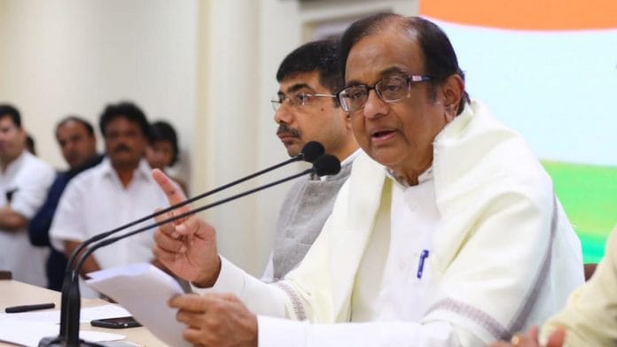 Former finance minister P. Chidambaram addressing a press conference | Suraj Singh Bisht | ThePrint