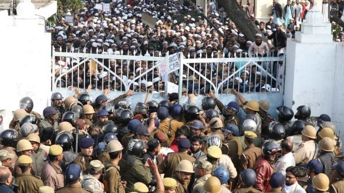 Students at Nadwatul Ulama in Lucknow protesting Monday. | Photo: Sumit Kumar/By Special Arrangement
