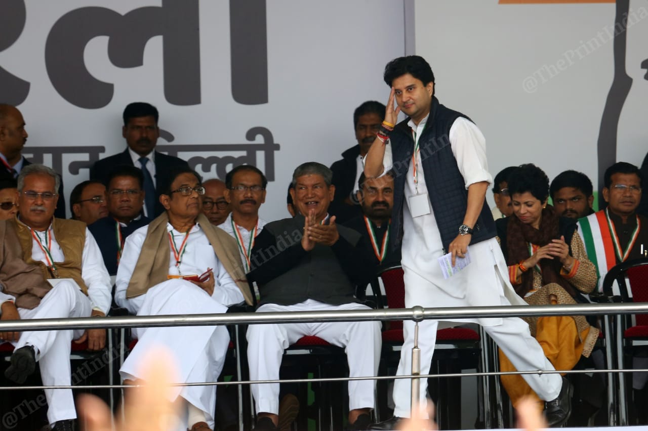 Congress leader Jyotiraditya Scindia also addressed the rally | Photo: Suraj Singh Bisht | ThePrint