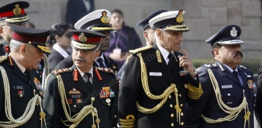 From left to right: Chief of Defence Staff Bipin Rawat, Army chief Manoj Mukund Naravane, Navy chief Karambir Singh and Air Marshal RKS Bhadauria | Photo: Praveen Jain | ThePrint