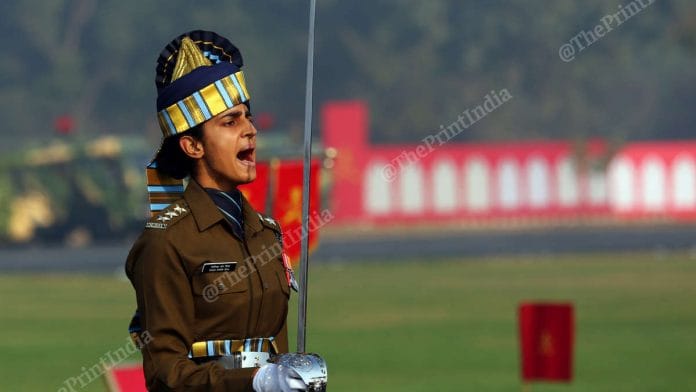 Captain Tania Shergil, the first woman Parade Adjutant, lead all-men contingents at the parade. | Photo: Suraj Singh Bisht | ThePrint