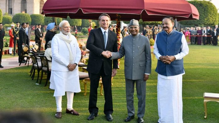 (From left) Prime Minister Narendra Modi, Brazilian President Jair Bolsonaro, President Ram Nath Kovind and Vice-President M. Venkaiah Naidu at the 'At Home' reception in Rashtrapati Bhavan on Republic Day | Photo: ANI
