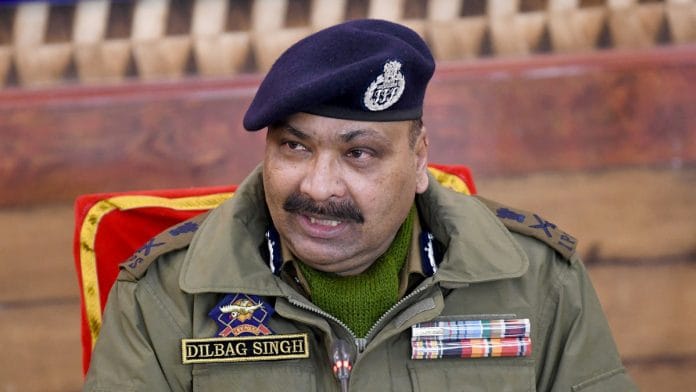 Jammu and Kashmir Police DGP Dilbag Singh addresses a press conference in Srinagar Monday | Photo: ANI