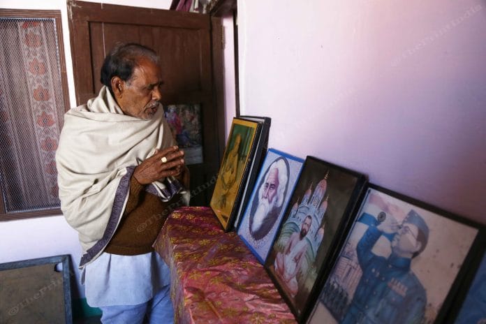 Bangladeshi refugee in Pilibhit, Ganesh Chandra Samudar, has his walls adorned with pictures of Bengali novelist Rabindranath Tagore, freedom fighter Subhash Chandra Bose, Bangladeshi religious leader Anukulchandra Chakravarty, and Ramakrishna Paramahamsa, a famous saint from 19th century Bengal | Photo: Manisha Mondal | ThePrint