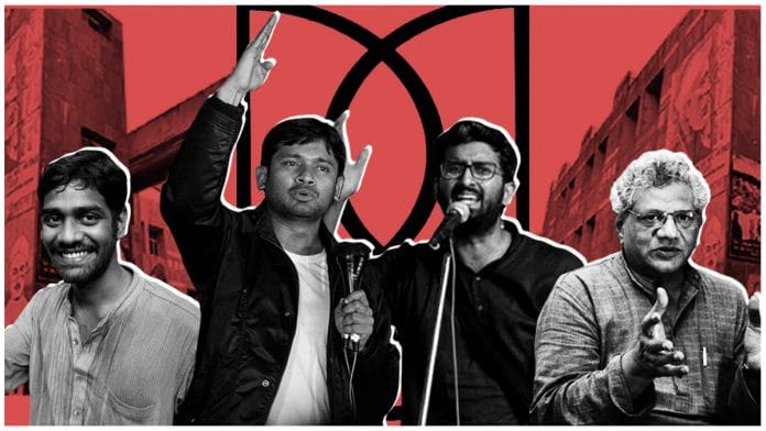 Former JNUSU presidents V. Lenin Kumar, Kanhaiya Kumar, N. Sai Balaji and Sitaram Yechury | ThePrint