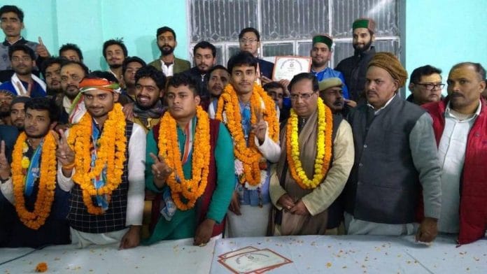 The winning NSUI candidates in the Sanskrit University's student body elections. | Photo: Twitter/@shivamshuklabst