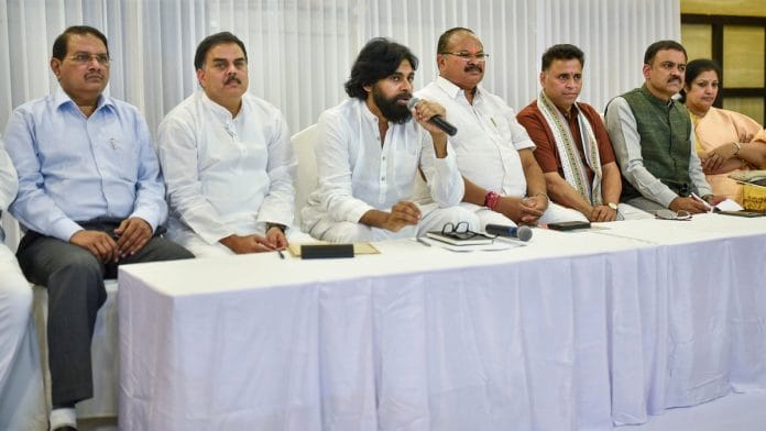 File photo: Jana Sena Party chief Pawan Kalyan speaking during a press meet | PTI