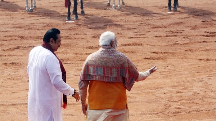 Sri Lankan Prime Minister Mahinda Rajapaksa (left) with PM Narendra Modi (right) at Rashtrapati Bhawan | Photo: Praveen Jain | ThePrint