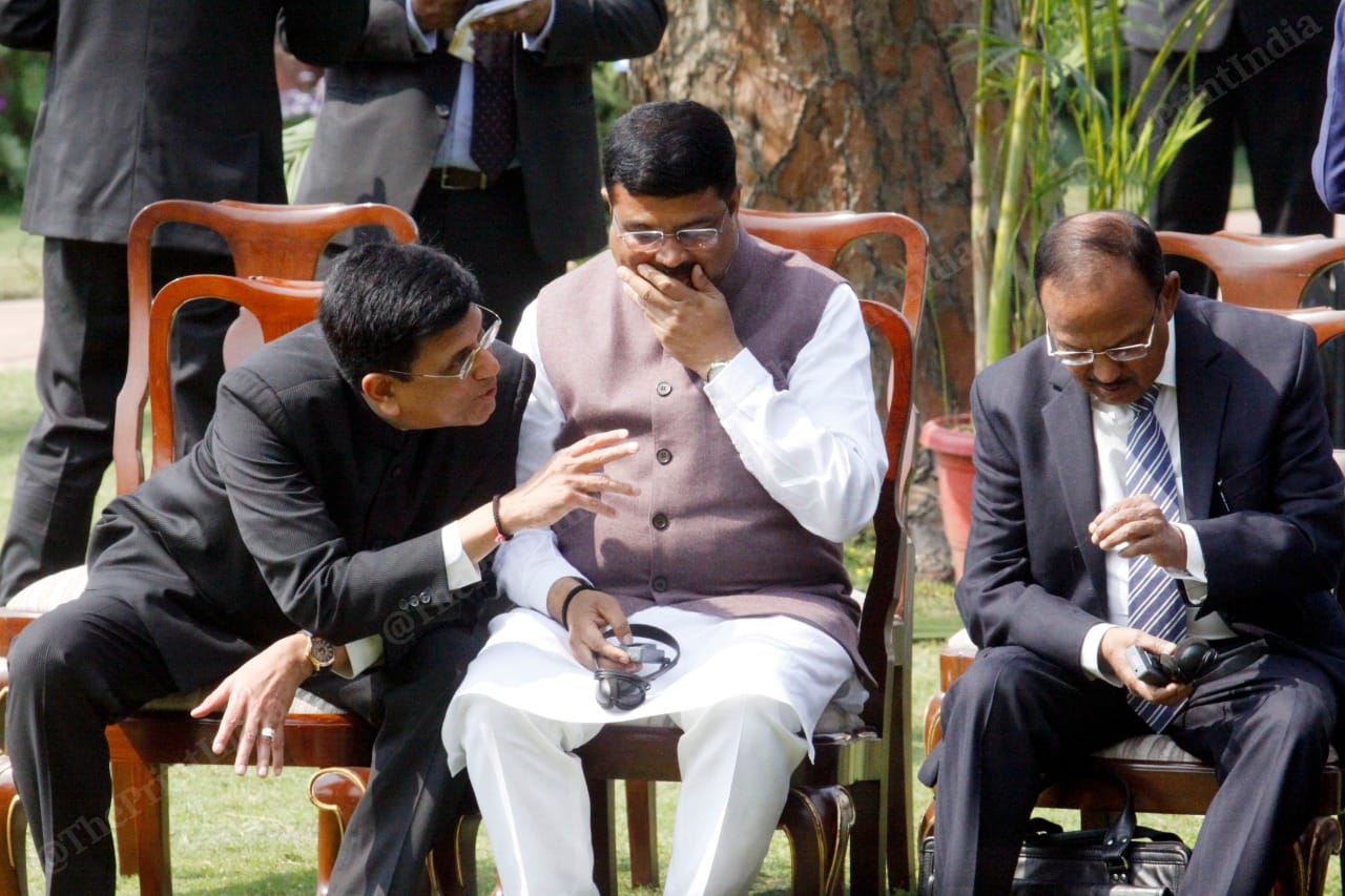 Commerce Minister Piyush Goyal, Petroleum and Natural Gas Minister Dharmendra Pradhan and NSA Ajit Doval at Hyderabad House | Praveen Jain | ThePrint