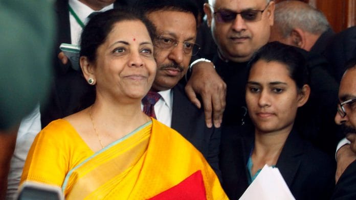 Finance Minister Nirmala Sitharaman ahead arrives in Parliament to present the Union Budget 2020-21 Saturday | Photo: Praveen Jain | ThePrint