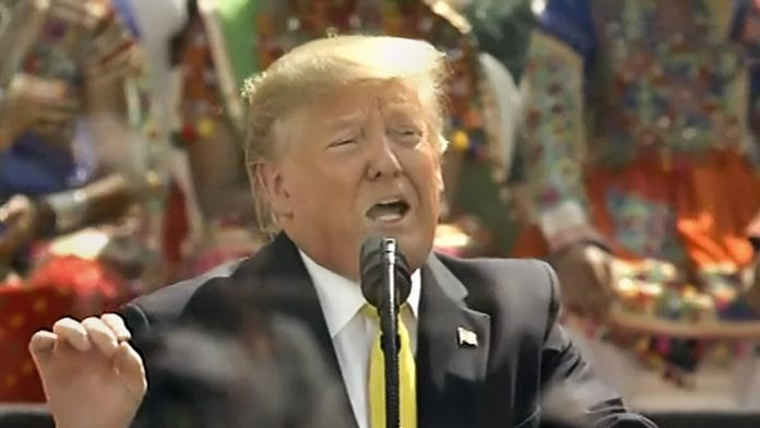 US President Donald Trump addresses the 'Namaste Trump' event, at Motera Stadium in Ahmedabad, Gujarat, Monday. | PTI