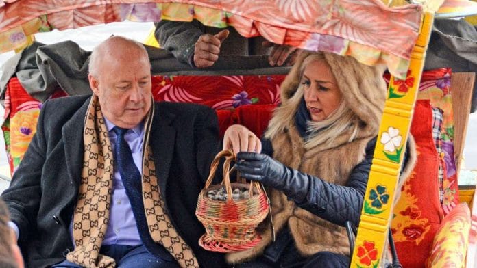 Members of the foreign delegation on a ‘shikara’ at Dal Lake, in Srinagar, Wednesday | PTI