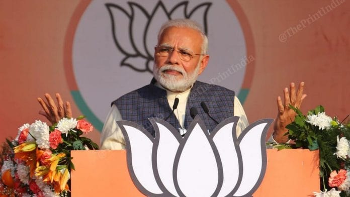 Prime Minister Narendra Modi at an election rally in Delhi's Karkardooma. | Photo: Suraj Singh Bisht/ThePrint