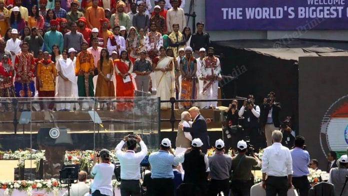 US President Donald Trump and Prime Minister Narendra Modi at the 'Namaste Trump' event at Motera stadium in Ahmedabad on 24 February