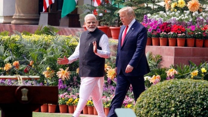 File photo of Prime Minister Narendra Modi with US President Donald Trump at Hyderabad House | Praveen Jain | ThePrint