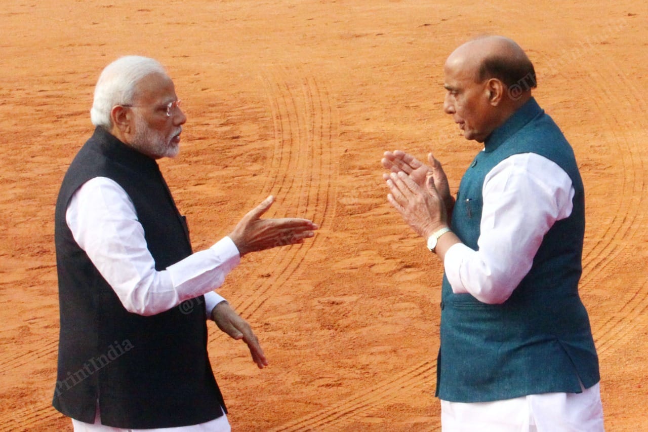 Defence Minister Rajnath Singh meets with Prime Minister Modi at Rashtrapati Bhawan moments before Trump's arrival | Praveen Jain | ThePrint 