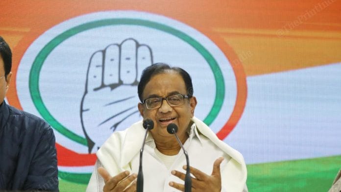 Senior Congress leader P Chidambaram at a press conference in New Delhi | Manisha Mondal | ThePrint