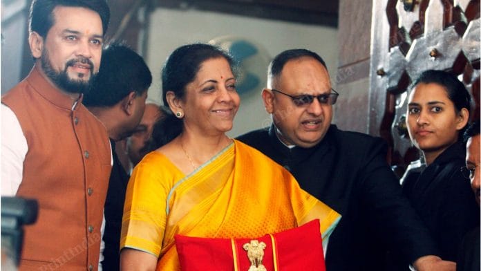 Finance Minister Nirmala Sitharaman before presenting the Union Budget in Parliament | Photo: Suraj Singh Bisht | ThePrint