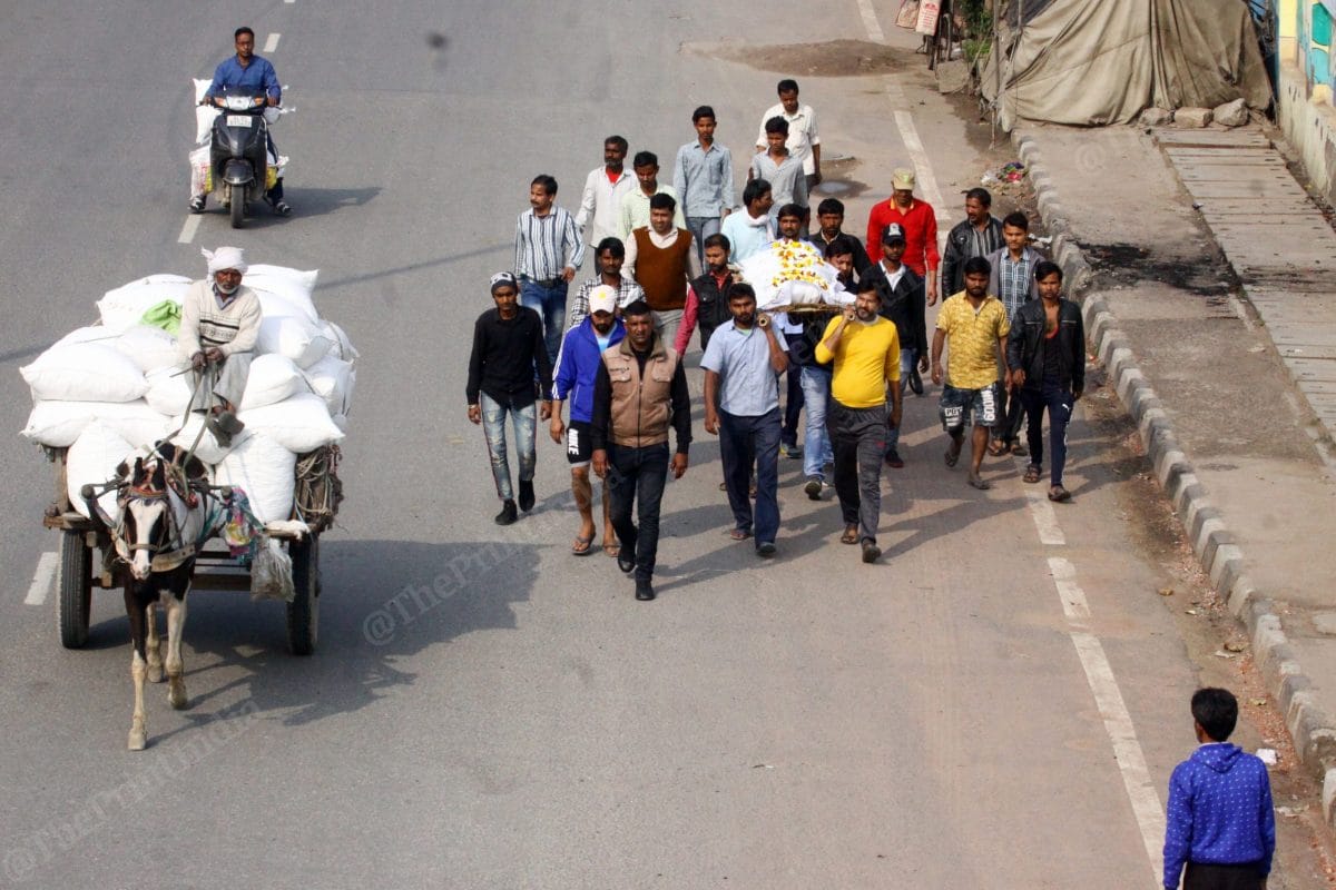 The last journey, Prem Singh's body taken to Harihar Shamshan Ghat, Babarpur | Photo: Praveen Jain | ThePrint