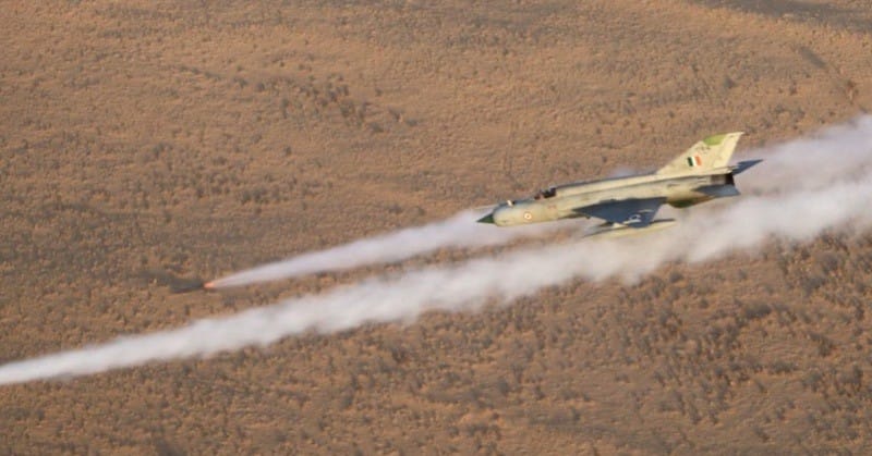 An IAF MiG-21BIS firing 2 x S24 air to ground rockets. | Photo: By special arrangement