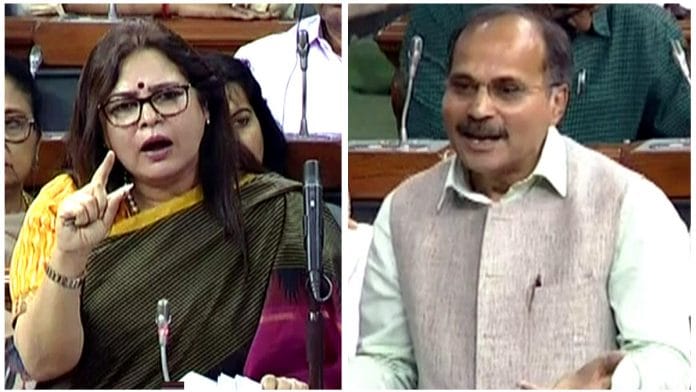 BJP leader Meenakshi Lekhi and Congress leader Adhir Ranjan Chowdhury during the Lok Sabha debate on the Delhi riots Wednesday | Photos: ANI