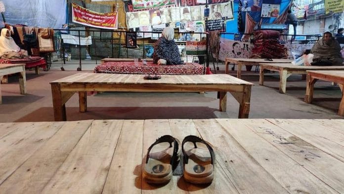Protesters have left footwear on the benches at Shaheen Bagh to mark Sunday's janata curfew | Photo: By special arrangement