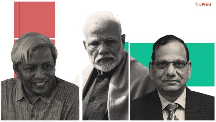 A picture of Prime Minister Narendra Modi (centre) and the two leaders of his groups to fight coronavirus - Niti Aayog member Dr V.K. Paul (right) and principal scientific advisor to the PM, K. VijayRaghavan. Illustration: Soham Sen/ThePrint