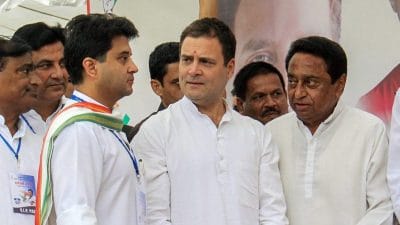 File photo of Jyotiraditya Scindia (L) with Rahul Gandhi and Kamal Nath in Bhopal | PTI Photo