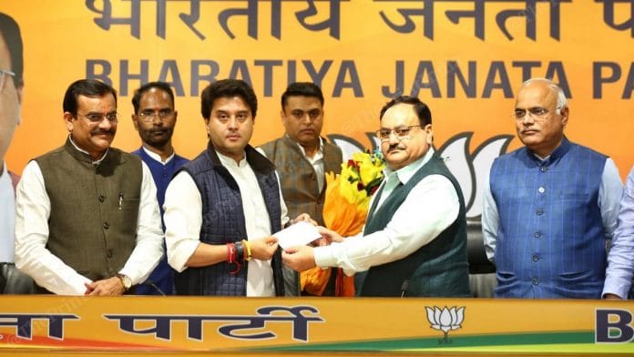 Jyotiraditya Scindia and J.P. Nadda at the BJP headquarters | Suraj Singh Bisht | ThePrint