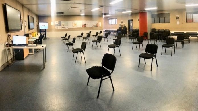 Chairs spaced apart for social distancing in Goonyella Riverside. | Bloomberg