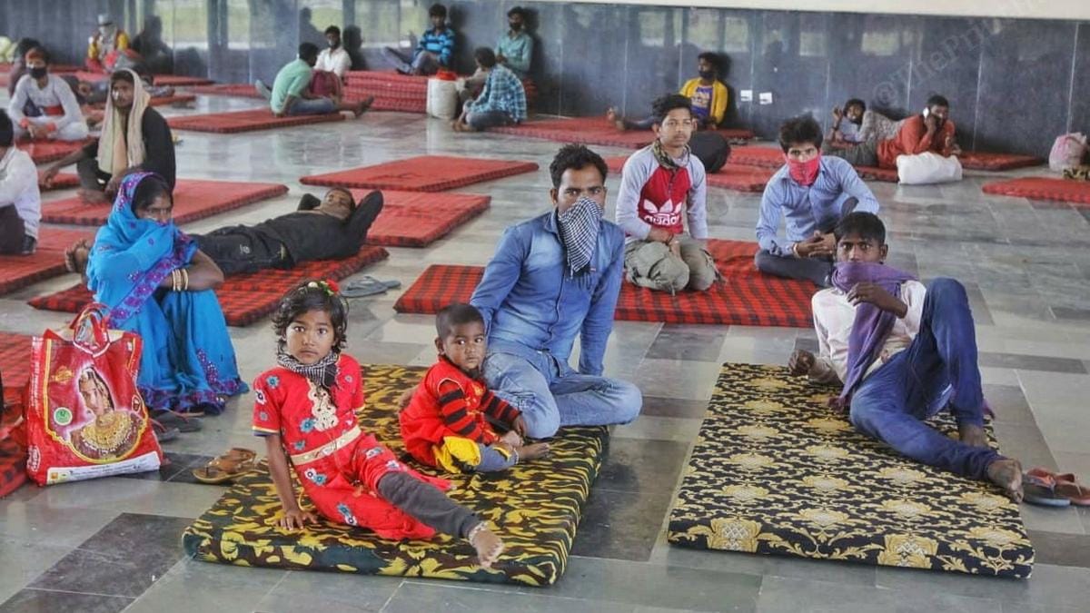 Migrant workers at the Awadh Shilp Gram shelter in Lucknow | Photo: Praveen Jain | ThePrint