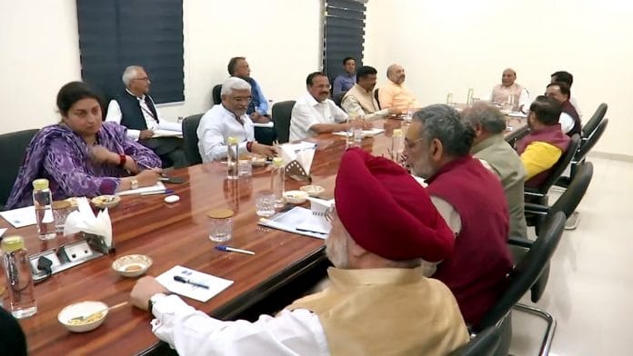 Union ministers, including Amit Shah and Smriti Irani, at a lockdown-related meeting at Defence Minister Rajnath Singh's residence Sunday